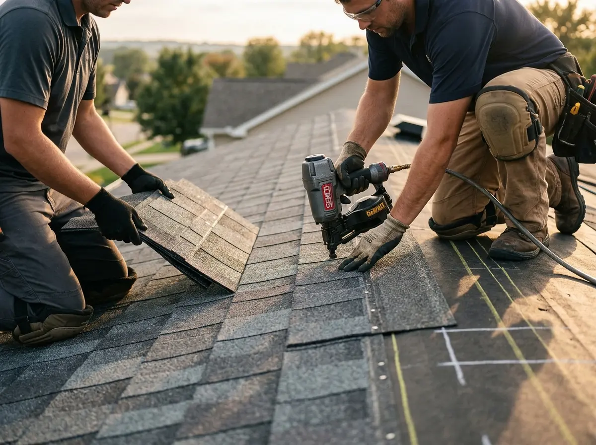 Professional roofer working on a residential roof in Ross